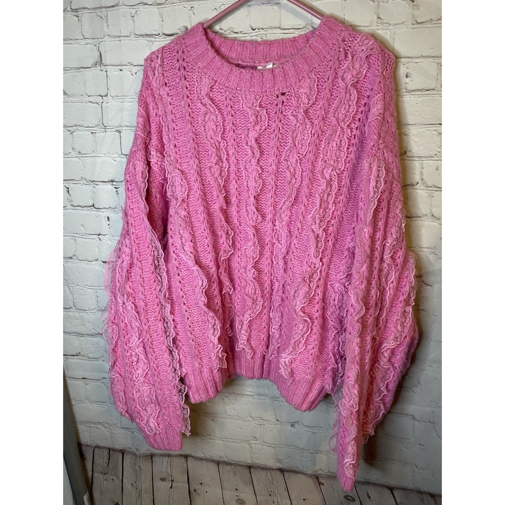 Sweater Womens Size Small Pink Ruffle Lace Detail Chunky Knit Coquette